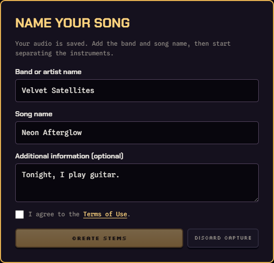Name your song: Velvet Satellites, Neon Afterglow, optional notes and an unchecked terms checkbox