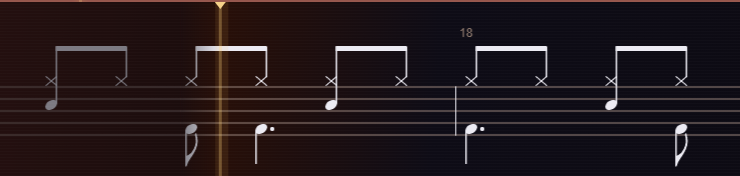 A closer look at the drum staff, with kick, snare and hi-hat notes and the playback marker