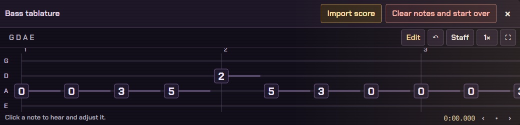 The HAB bass practice session with four-string tablature, half-speed playback and original or note-guide listening controls