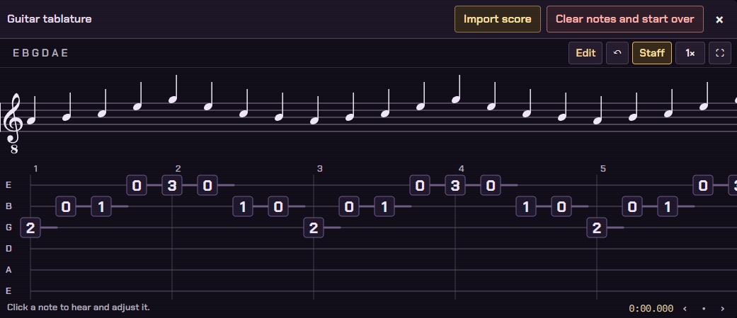Guitar notation and six-string tablature together in HAB, with editable notes and import, tuning and staff controls
