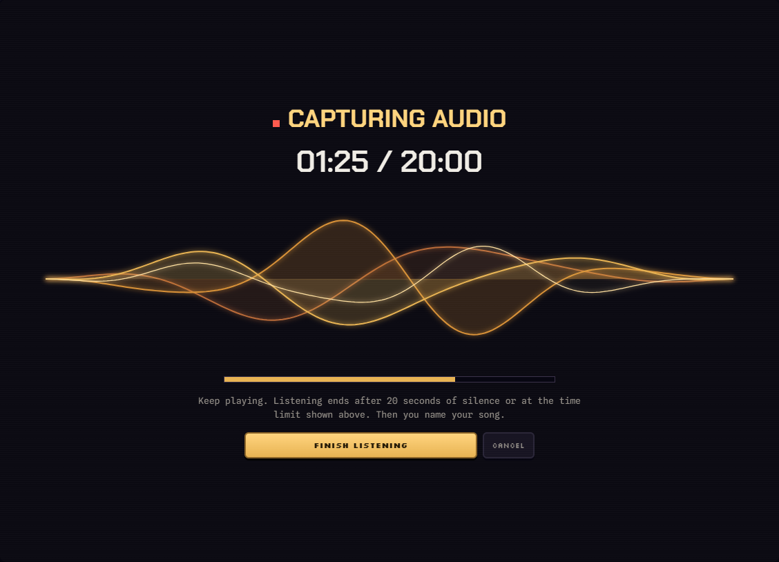 The current HAB app capturing computer audio, with flowing golden waves and a live level display
